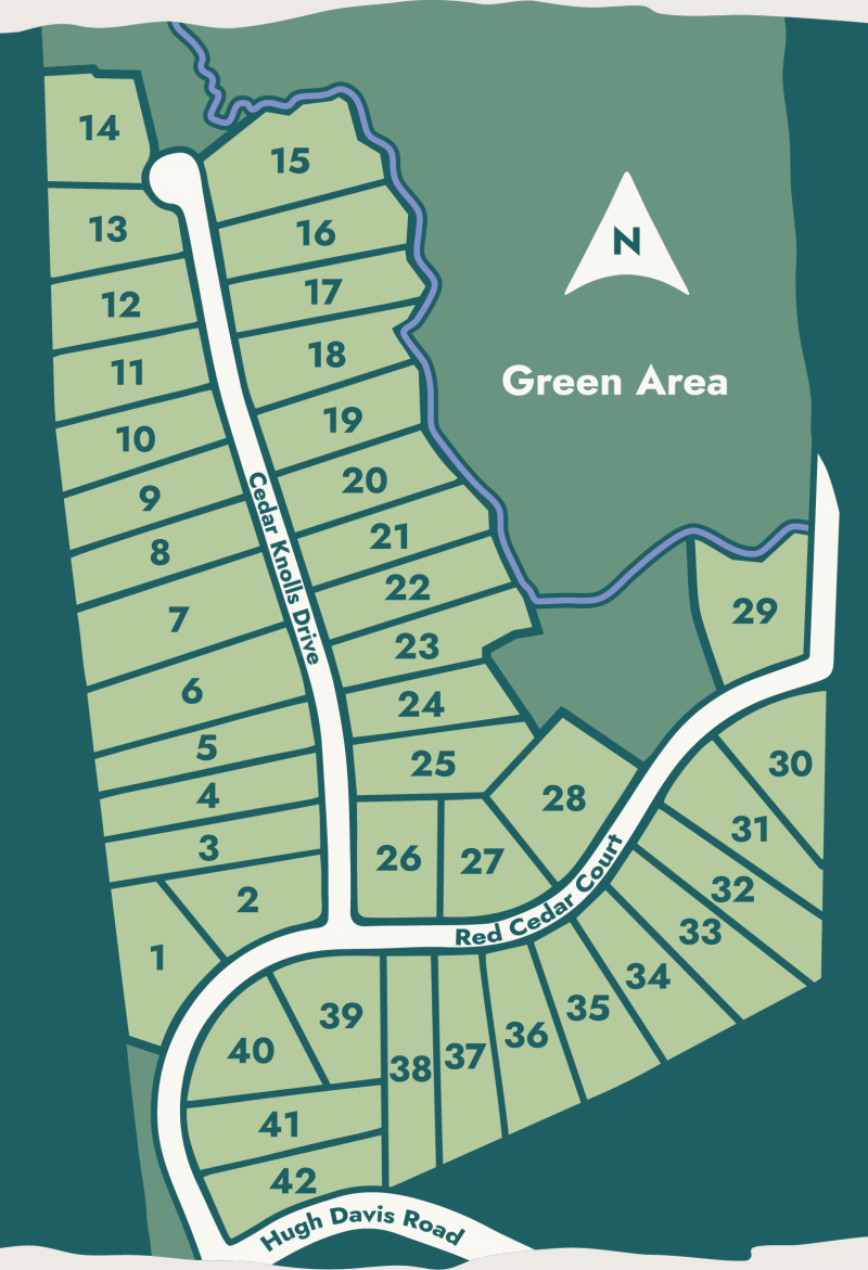Site plan of Cedar Knolls showing homesites 1–42 along Cedar Knolls Drive and Red Cedar Court, off Hugh Davis Road, with a green area to the northeast